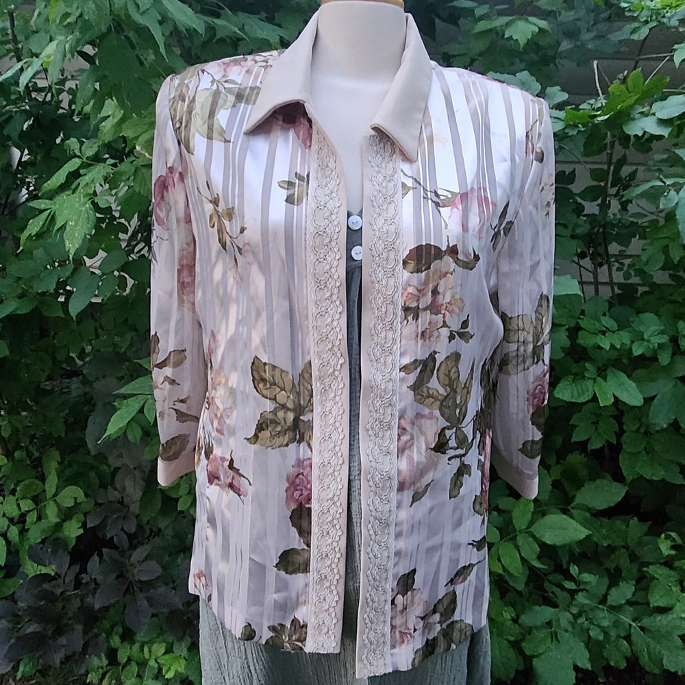 Floral 80s Striped‎ Sheer Cardigan Jacket Lace Romantic R and M Richards size 16